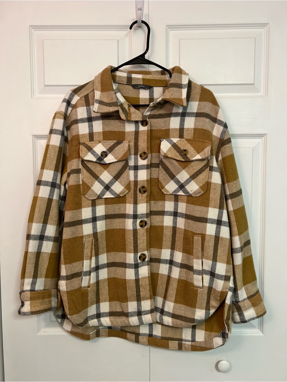 Makers Market Plaid Shacket in Mustard, White, Brown
